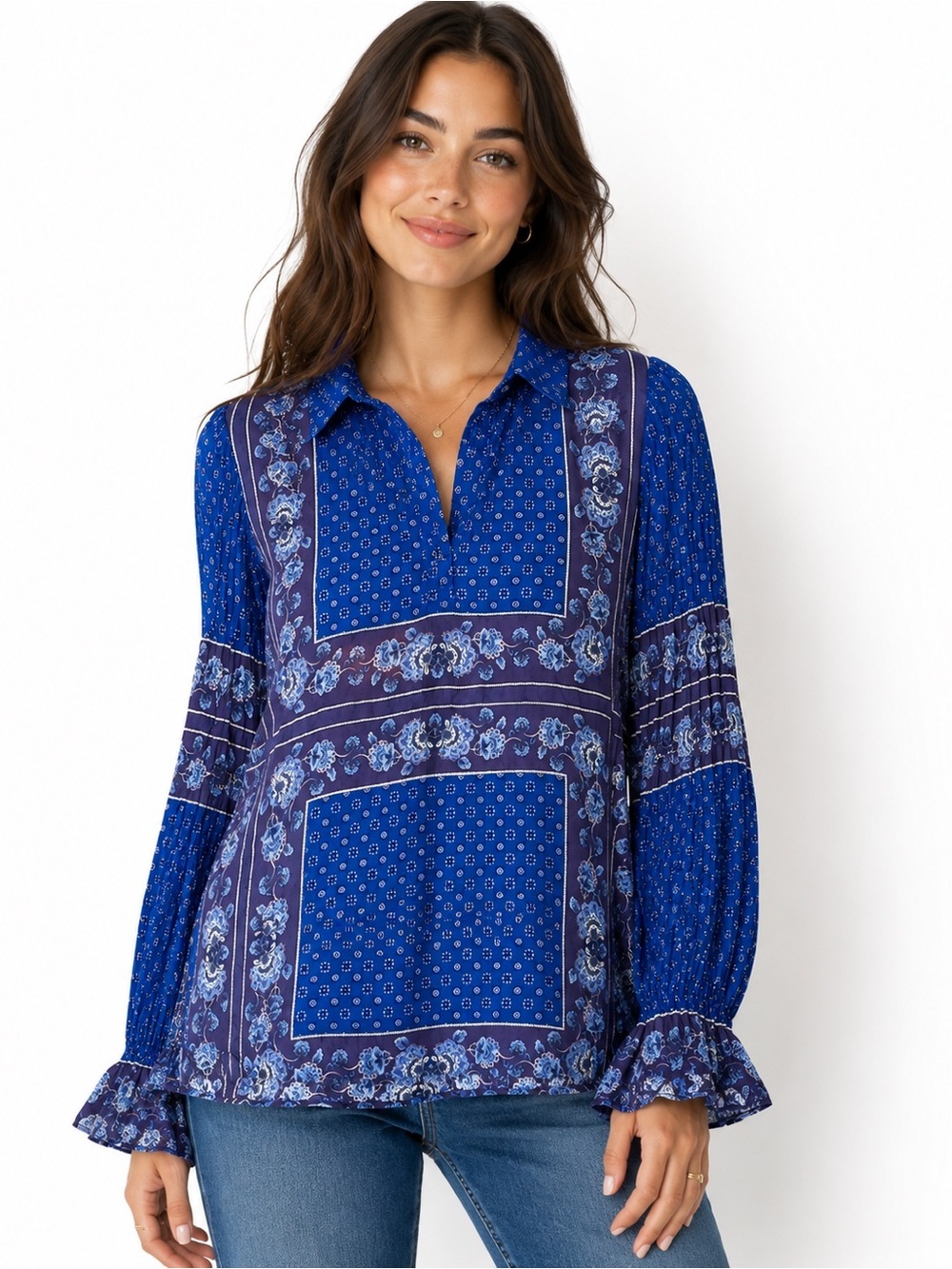 Free People Women’s Changing Times Printed Blouse, True Blue, Size Large